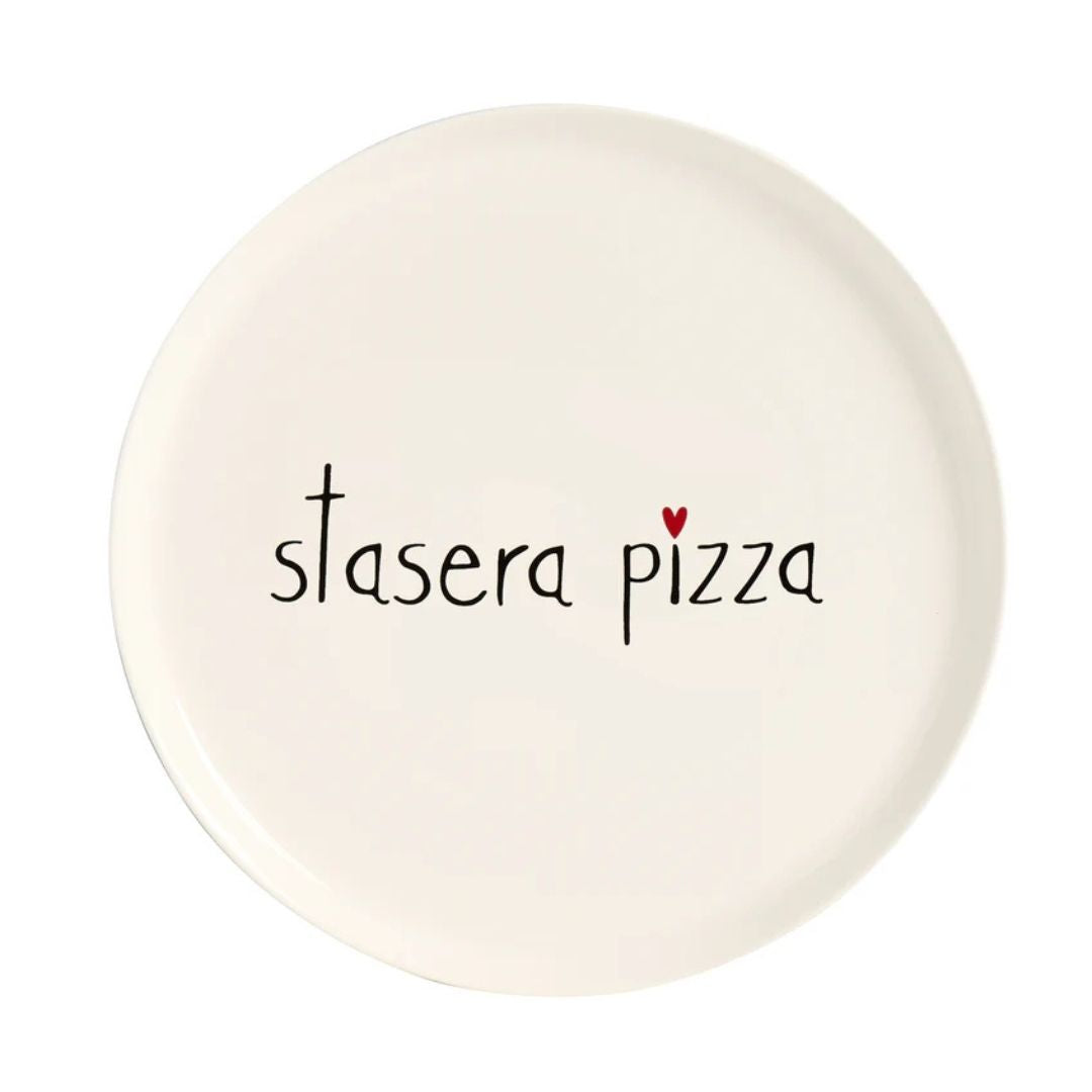 Piatto per pizza in gres con diametro di 31,5 cm e scritta "stasera pizza".