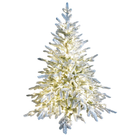 Albero di Natale innevato con microled bianco caldo integrati, alto 120cm su sfondo bianco.