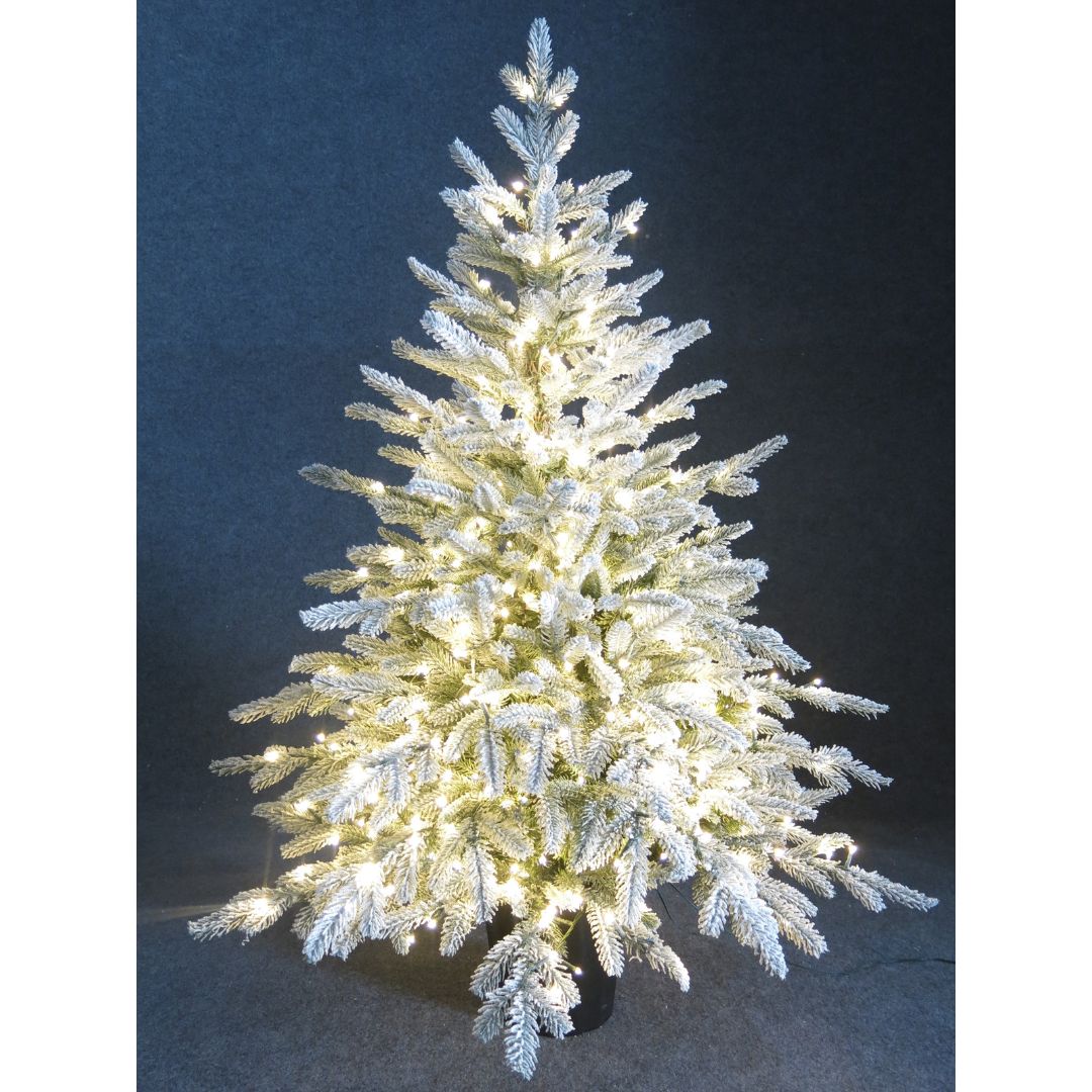 Albero di Natale innevato con microled bianco caldo integrati, alto 120cm su sfondo scuro.