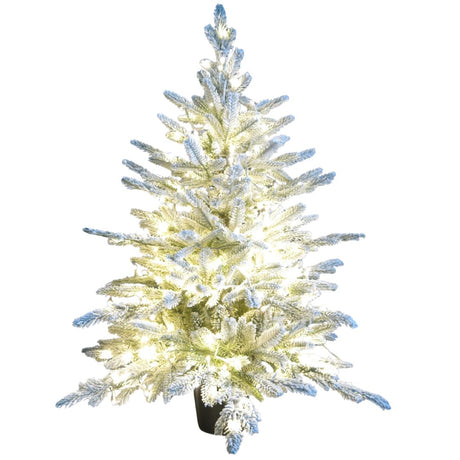 Albero di Natale innevato con microled bianco caldo integrati, alto 90cm su sfondo bianco.