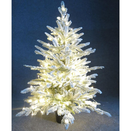 Albero di Natale innevato con microled bianco caldo integrati, alto 90cm su sfondo scuro.