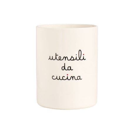 Portamestoli in grès bianco con scritta "utensili da cucina".