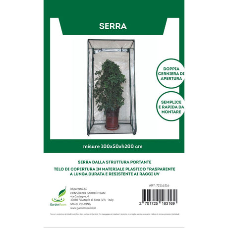 Serra 100x50x200 cm con doppia cerniera, telo trasparente anti-UV e montaggio semplice.