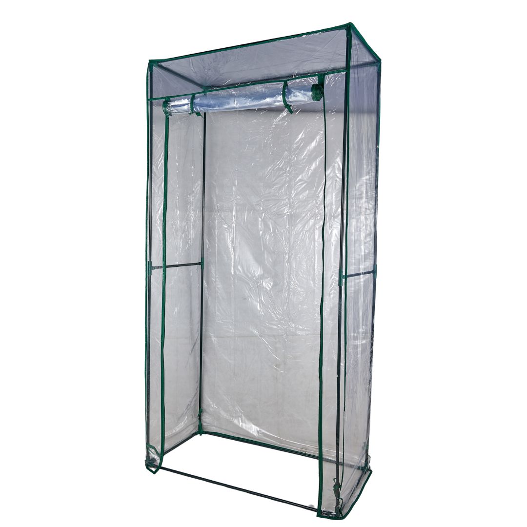 Serra da giardino con struttura in metallo e telo trasparente, ideale per balconi e piccoli spazi.