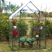 Serra con telo trasparente e ripiani, visibili piante e fiori. Struttura stabile, ideale per coltivare in sicurezza.