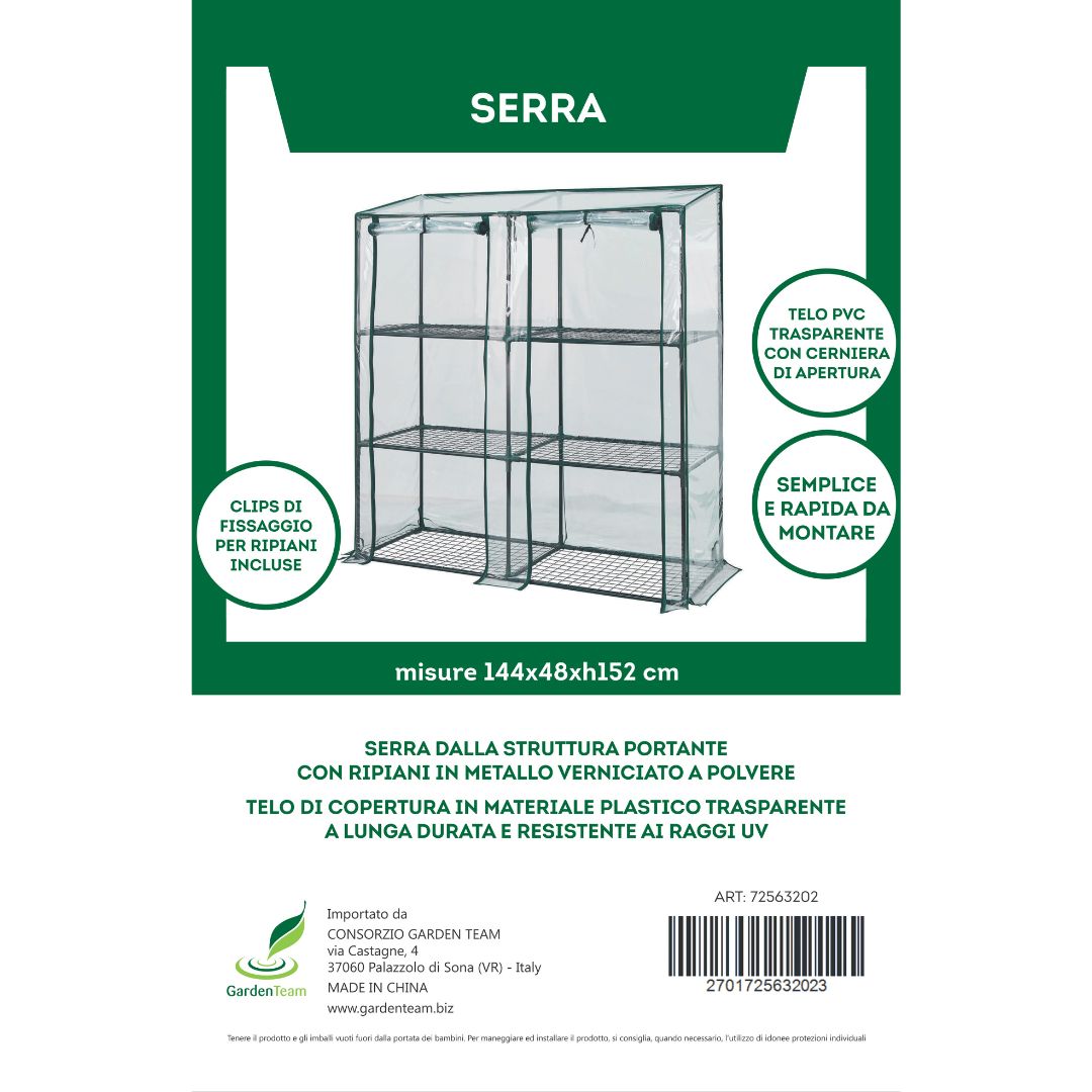 Serra 144x48x152 cm con ripiani in metallo, telo trasparente anti-UV e apertura con cerniera.