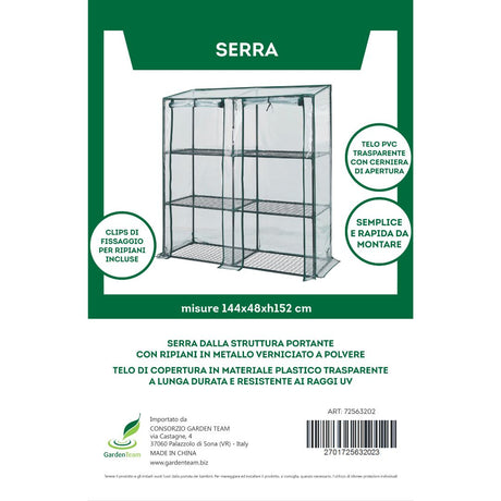 Serra 144x48x152 cm con ripiani in metallo, telo trasparente anti-UV e apertura con cerniera.