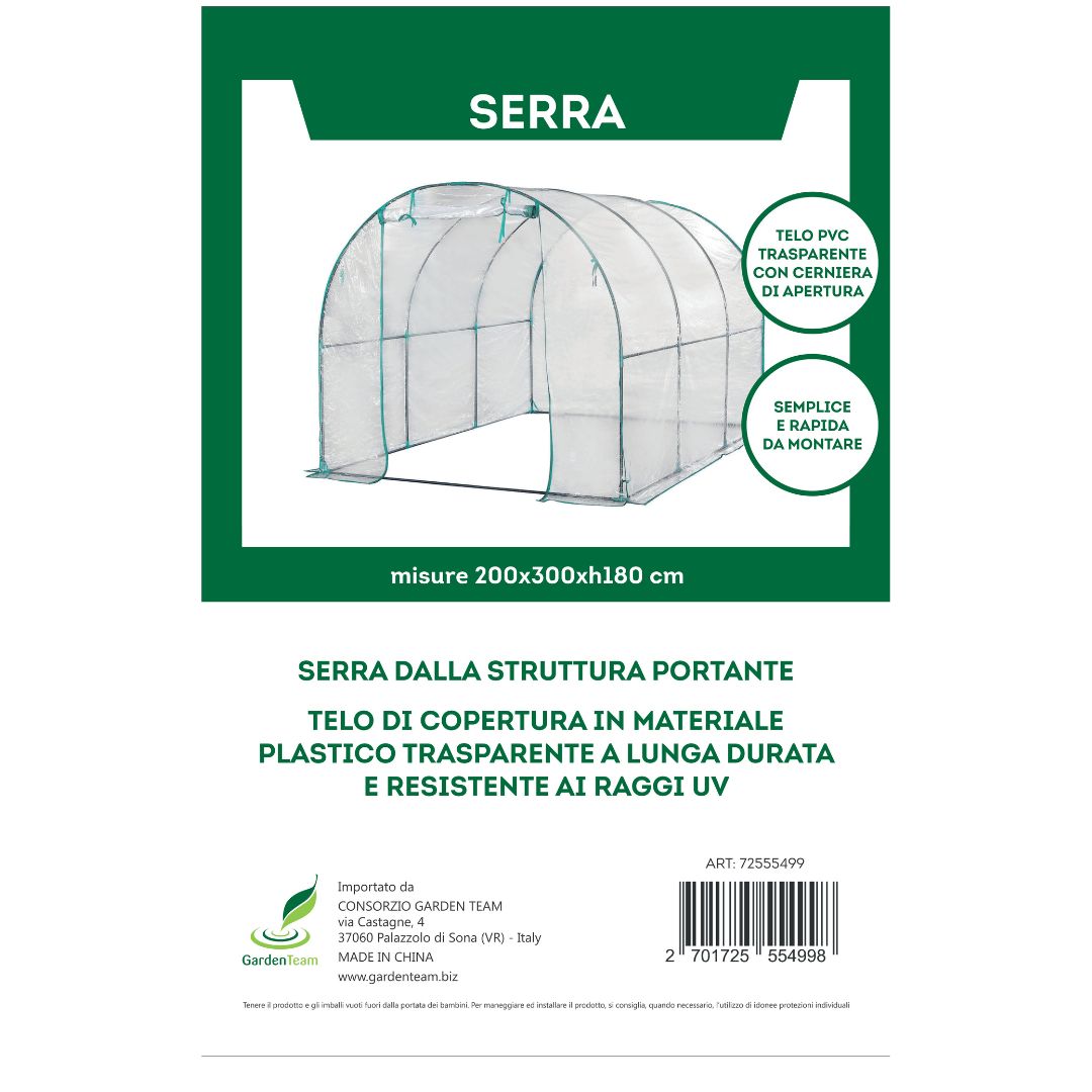 Serra a tunnel con struttura tubolare e telo trasparente. Ampia apertura frontale,doppia cerniera.