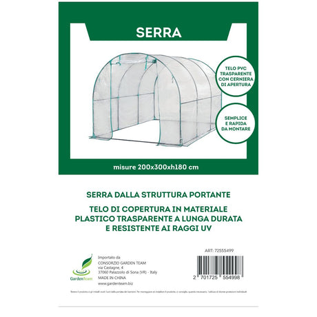 Serra a tunnel con struttura tubolare e telo trasparente. Ampia apertura frontale,doppia cerniera.