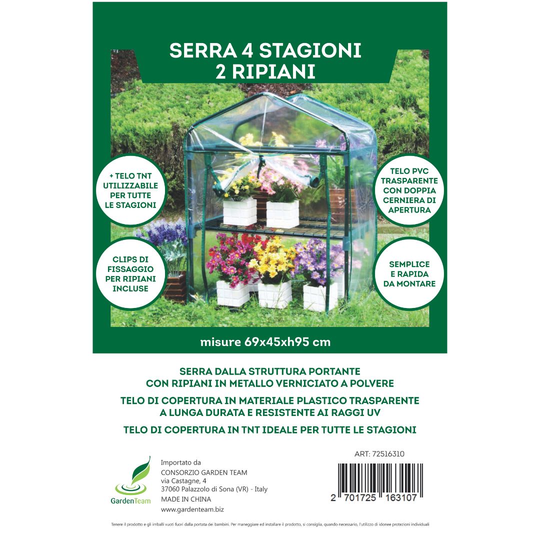 Mini serra con e ripiani e copertura trasparente con tnt. Piante visibili, ideali per balconi e terrazzi.