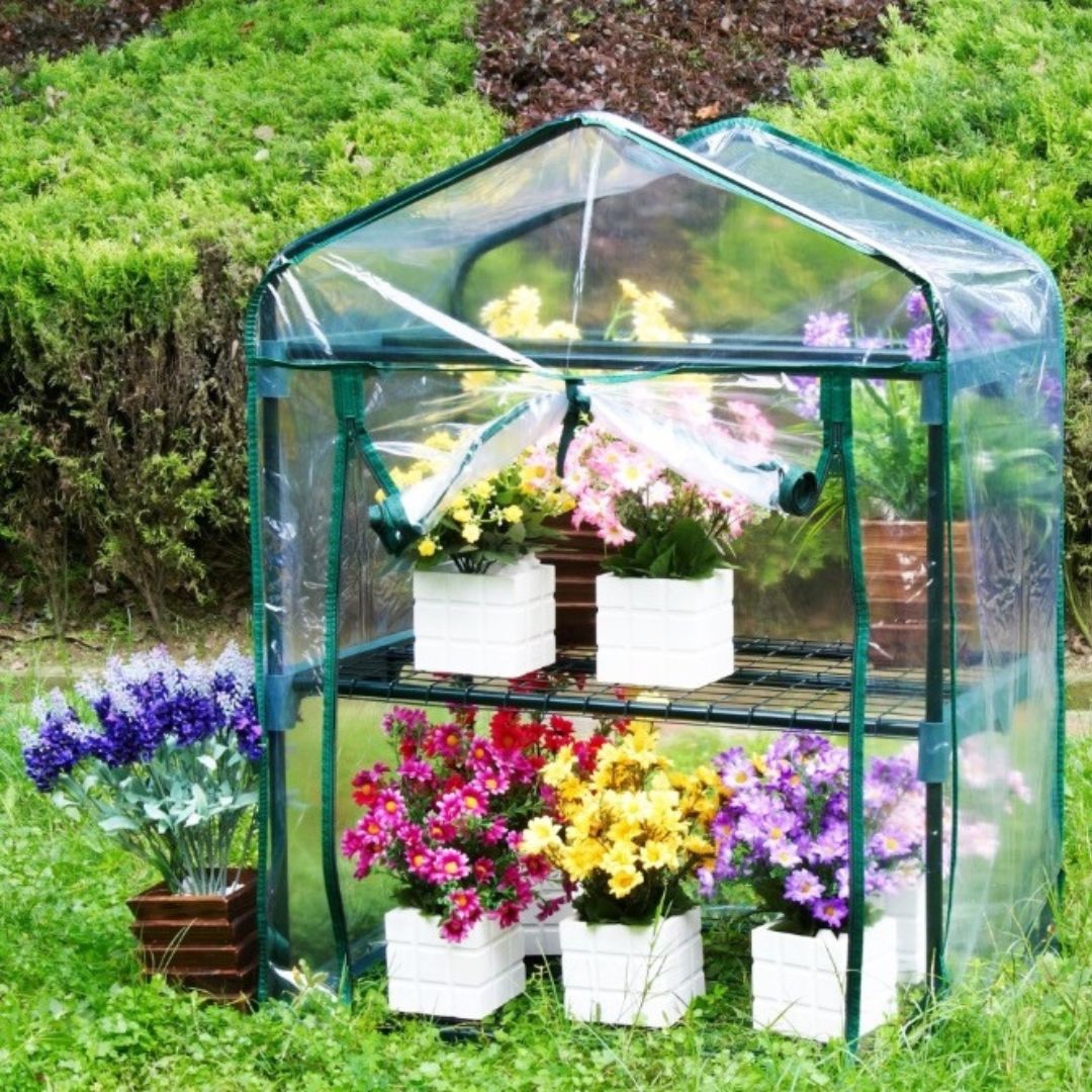 Mini serra con 2 ripiani e copertura trasparente e tnt. Piante visibili, ideali per balconi e terrazzi.