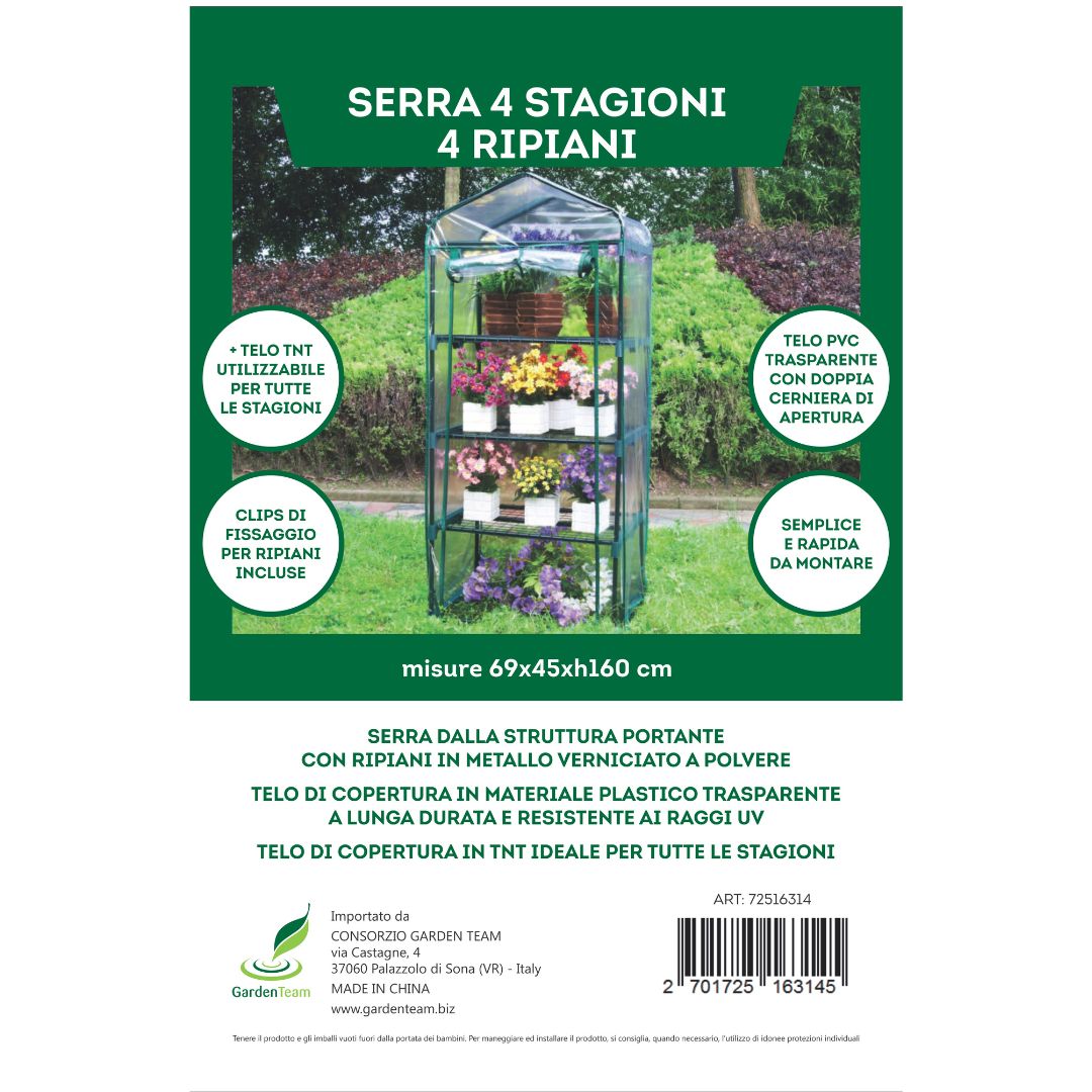 Mini serre con 4 ripiani e copertura trasparente e tnt. Piante visibili, ideali per balconi e terrazzi.