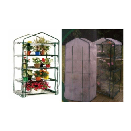 Mini serre con 4 ripiani e coperture trasparenti e tnt. Piante visibili, ideali per balconi e terrazzi.