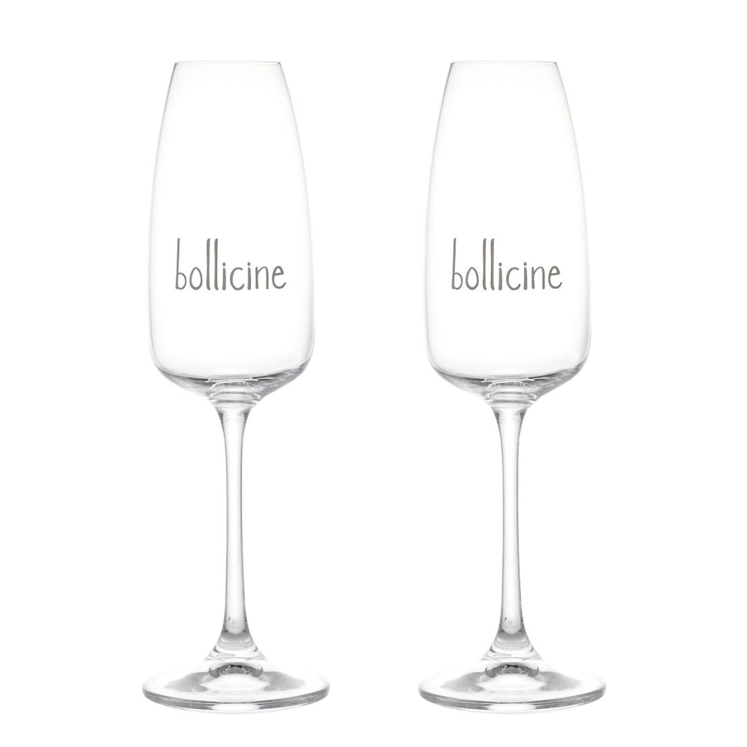 Set di due calici flute in vetro con scritta serigrafata bianca "bollicine".