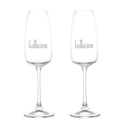 Set di due calici flute in vetro con scritta serigrafata bianca "bollicine".
