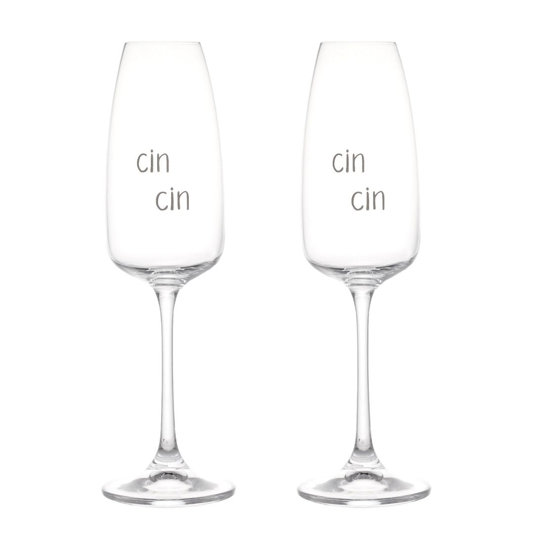 Set di due calici flute in vetro con scritta serigrafata bianca