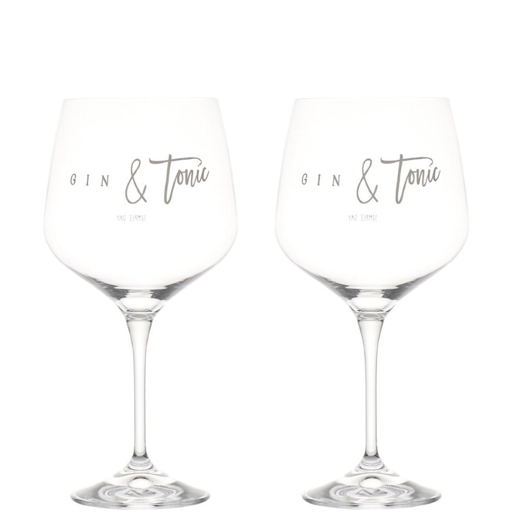 Set di due calici in vetro con scritta bianca serigrafata "Gin&Tonic".