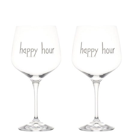 Set di due calici in vetro con scritta bianca serigrafata "happy hour".