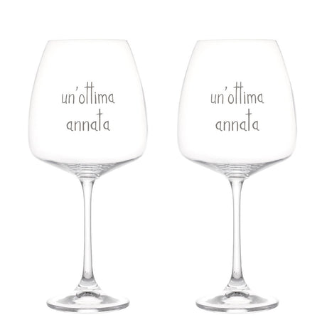 Set di due calici per vino in vetro con scritta bianca serigrafata "un'ottima annata".