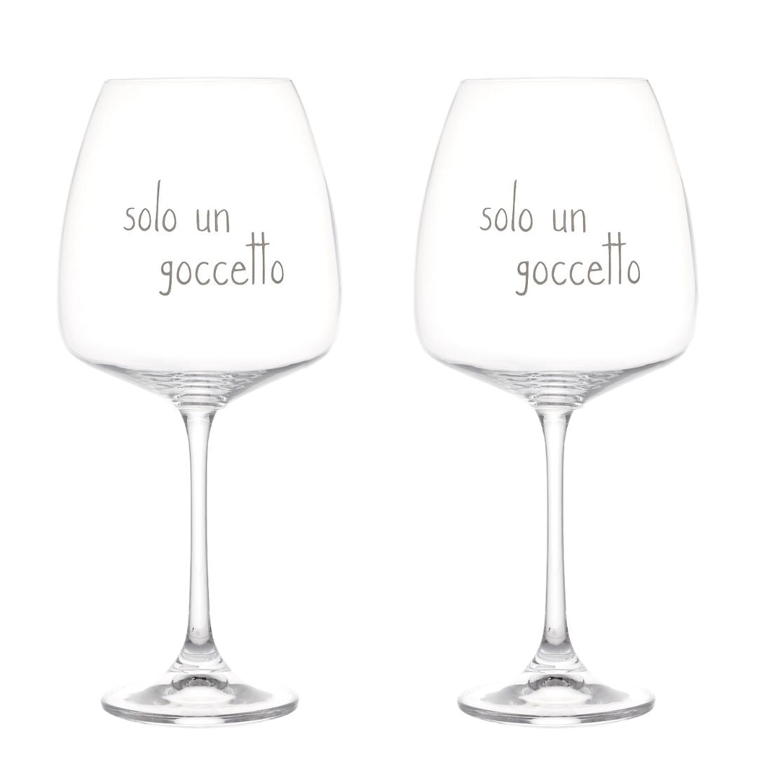 Set di due calici per vino in vetro con scritta bianca serigrafata