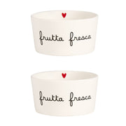 Set di due coppette in gres con scritta "frutta fresca" e capienza di 20 cl.