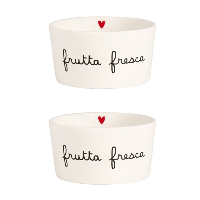 Set di due coppette in gres con scritta "frutta fresca" e capienza di 20 cl.