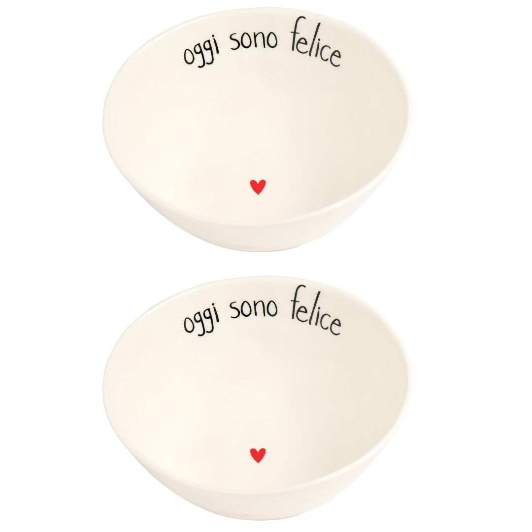 Set di due ciotole in gres con scritta "oggi sono felice" e cuoricino rosso.