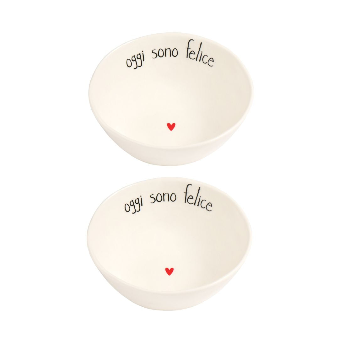 Set di due coppette in gres con scritta "oggi sono felice".