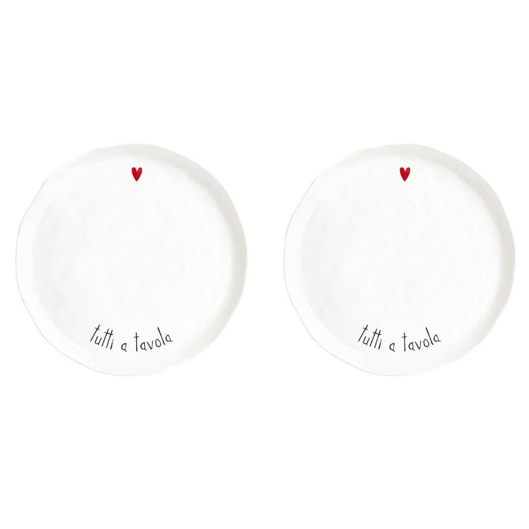 Set di due piatti piani in grès con scritta nera