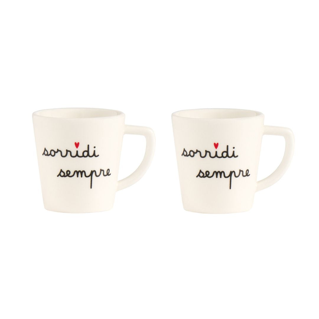 Set di due tazzine per espresso in grès con scritta nera "sorridi sempre".