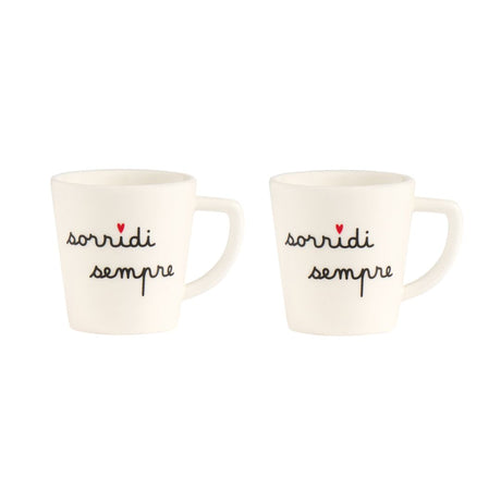 Set di due tazzine per espresso in grès con scritta nera "sorridi sempre".