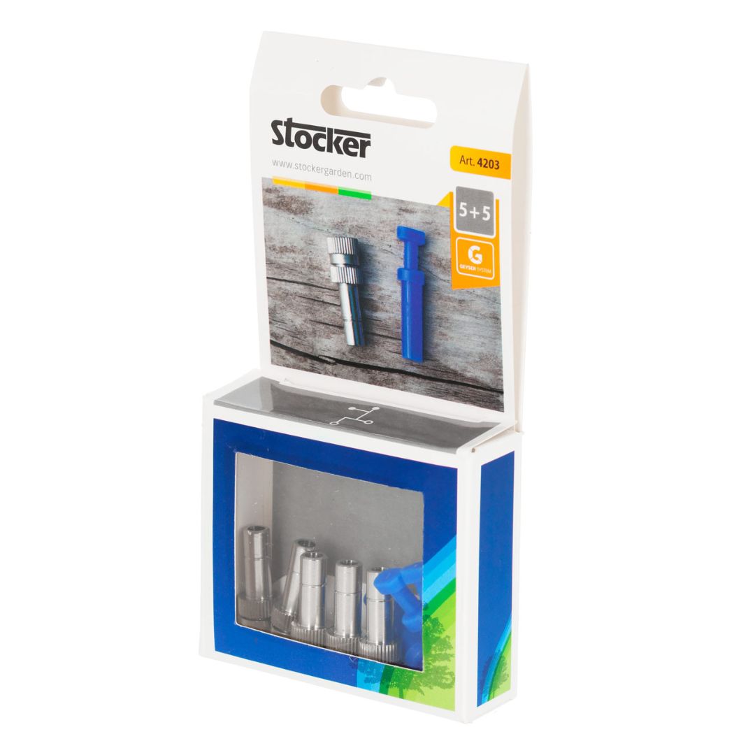 Confezione Stocker con set di 5 ugelli in metallo e 5 tappi blu per nebulizzatori Geyser System