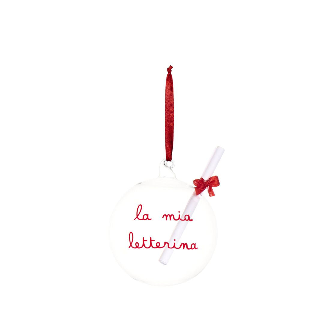 Sfera in vetro con diametro 12 cm, foro per inserire messaggi e scritta rossa "la mia letterina".