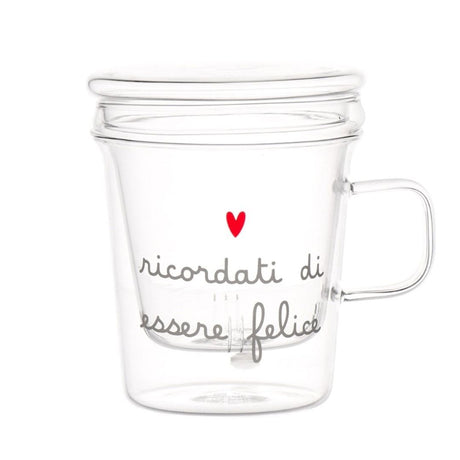 Tisaniera in vetro con filtro e coperchio decorata con scritta "ricordati di essere felice" e cuoricino rosso.