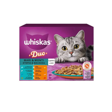 Confezione Whiskas Duo in gelatina con varietà Mari & Monti, multipack da 12 bustine con gatto grigio tigrato su sfondo viola.