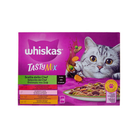 Confezione Whiskas TastyMix Scelta dello Chef in salsa, multipack da 12 bustine con gatto grigio tigrato su sfondo viola e illustrazione delle verdure