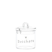 Zuccheriera in vetro borosilicato con coperchio e incavo per cucchiaino decorata con la scritta bianca "zucchero.