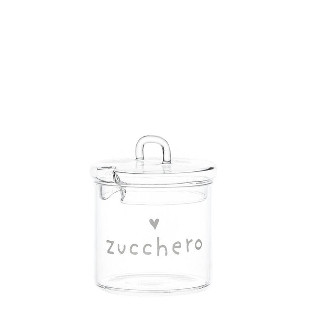 Zuccheriera in vetro borosilicato con coperchio e incavo per cucchiaino decorata con la scritta bianca "zucchero.