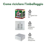 Imballaggio riciclabile composto da scatola in cartone, sacchetto in plastica e protezione in polistirolo.