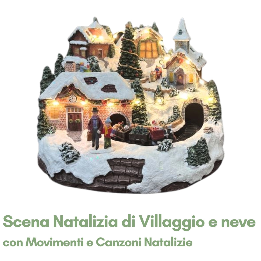 Scena Natalizia con Villaggio Innevato Luci e Musica