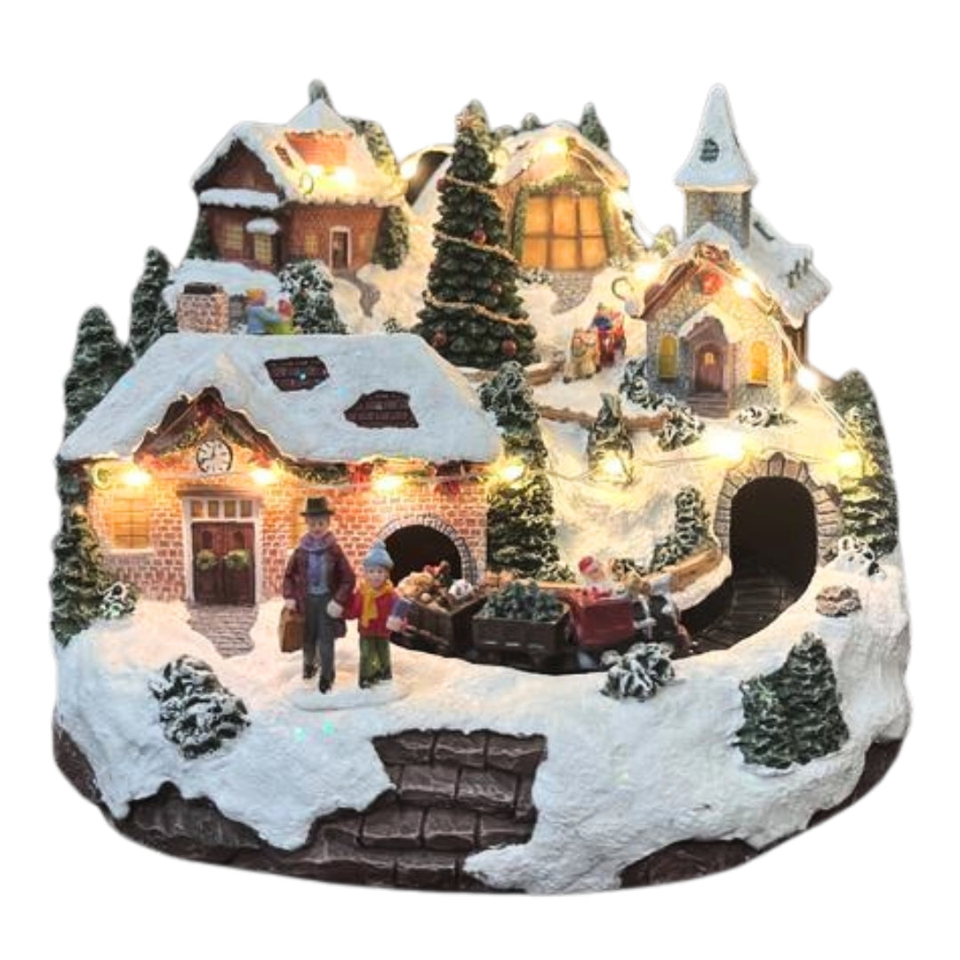 Scena Natalizia con Villaggio Innevato Luci e Musica