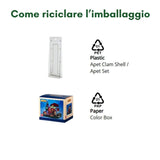Imballaggio riciclabile composto da guscio in plastica e scatola in cartone.