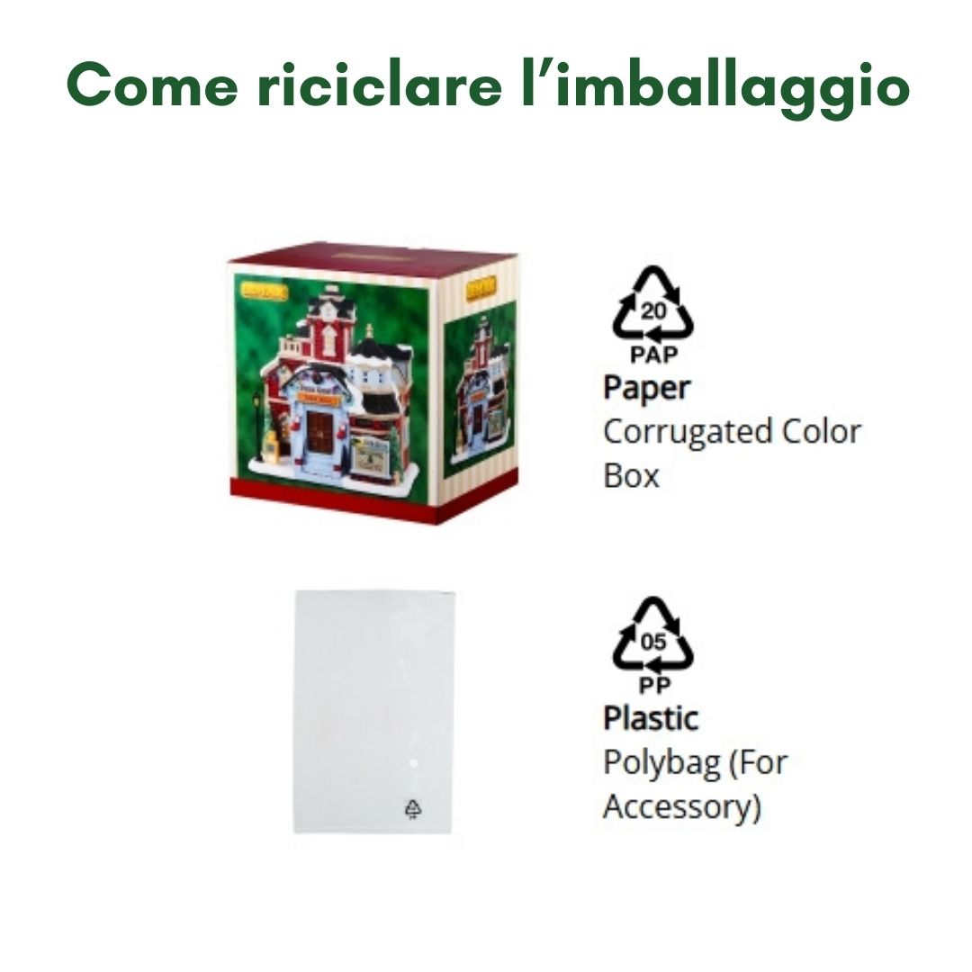Imballaggio riciclabile composto da scatola in cartone a colori, sacchetto e in plastica PP05.