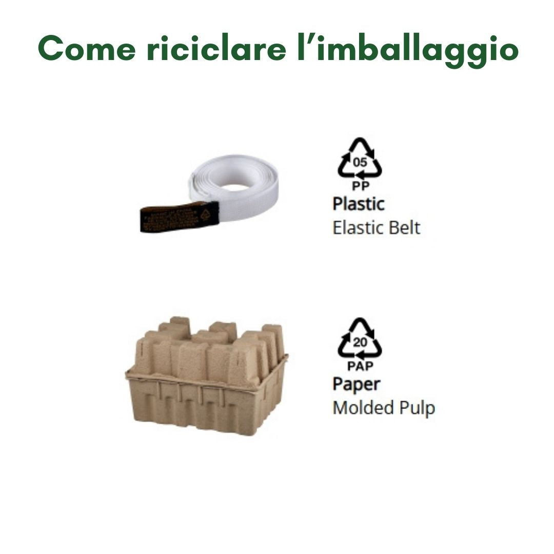 Imballaggio riciclabile composto da cintura elastica in plastica PP05 e cartone modellato.
