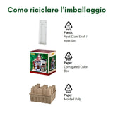 Imballaggio riciclabile composto da plastica PET, scatola di cartone colorato e cartone modellato.