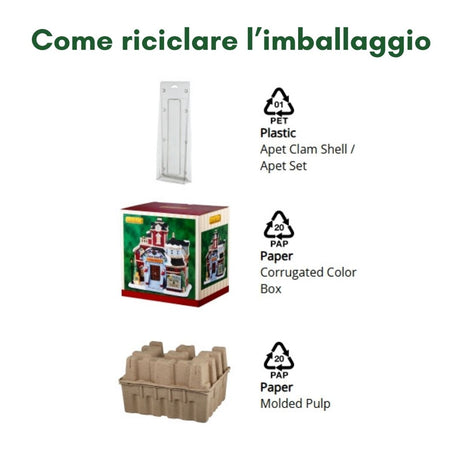 Imballaggio riciclabile composto da plastica PET, scatola di cartone colorato e cartone modellato.