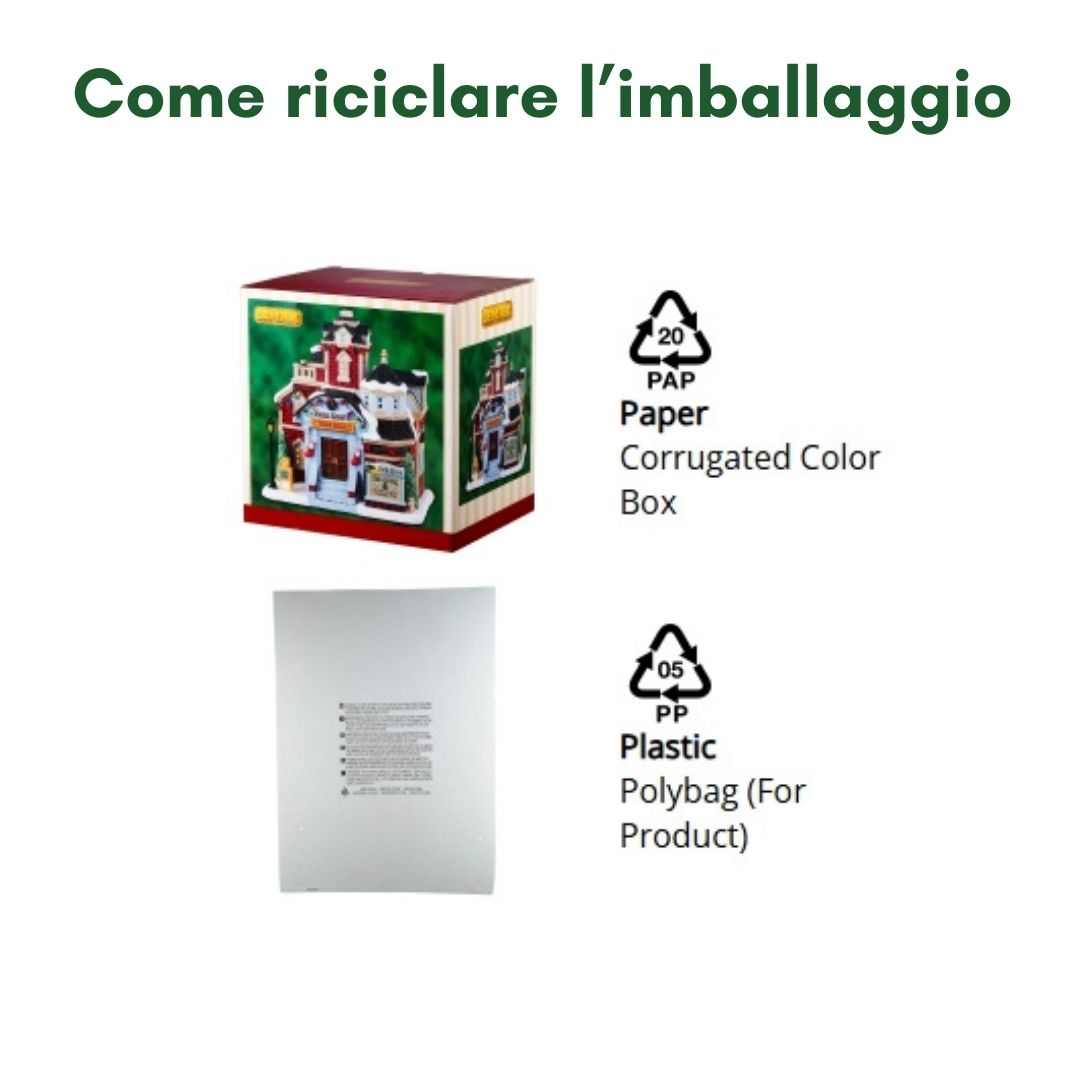 Imballaggio riciclabile composto da scatola in cartone e sacchetto in plastica.