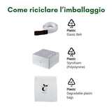 Imballaggio riciclabile composto da cintura elastica in plastica, protezione in polistirolo e sacchetto in plastica degradabile.
