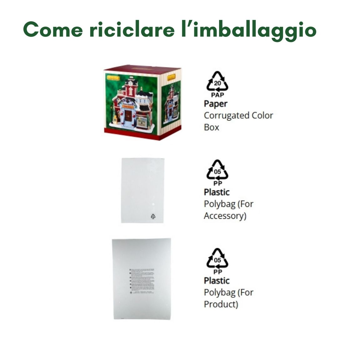 Imballaggio riciclabile composto da scatola in cartone a colori e due sacchetti in plastica PP05.