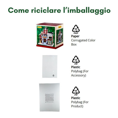 Imballaggio riciclabile composto da scatola in cartone a colori e due sacchetti in plastica PP05.